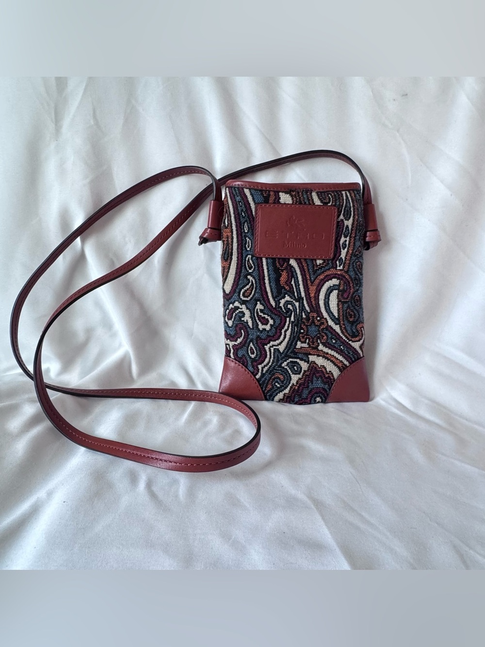 ETRO Milano Paisley Crossbody Phone Purse Bag Brown Leather Trim Small Designer